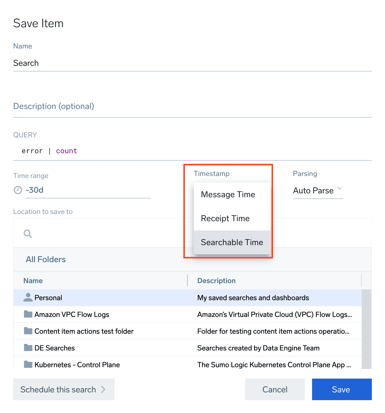 searchable time scheduled search